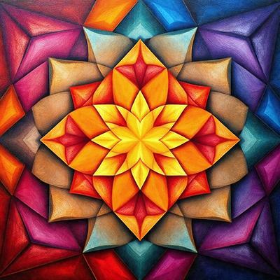 The primary subject of the image is a colorful, geometric flower design. The flower is composed of multiple triangles and is painted in a vibrant color palette, including shades of orange, yellow, and red. The setting is a canvas, and the visual style is a painting, which showcases the artist's skill in creating a visually appealing and intricate design. The overall atmosphere of the image is lively and cheerful, with the bright colors and intricate patterns evoking a sense of beauty and creativity